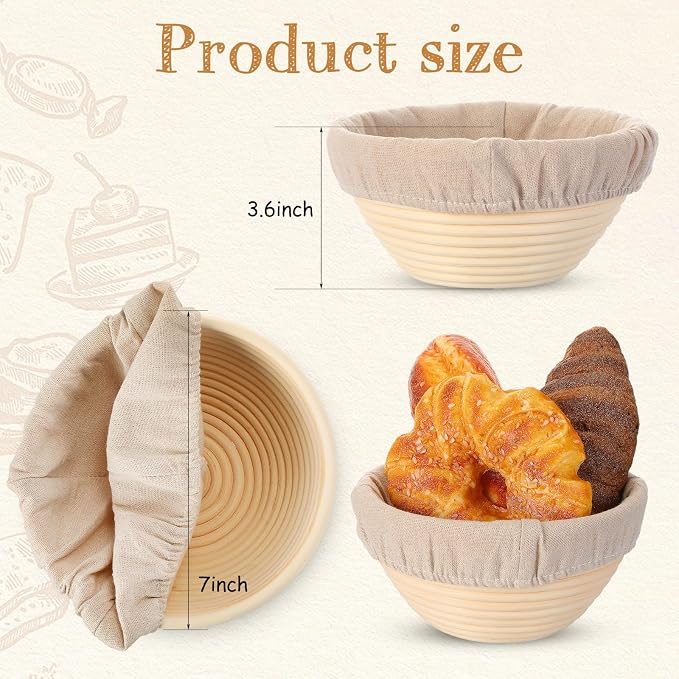Irenare 10 Pcs Bread Banneton Proofing Basket Round Dough Sourdough Proofing Basket Rattan Bakery Baking Bread Bowl with Liner and Scraper Tool Set for Starter Gifts Professional Home Bakers (7 Inch) - Image 4