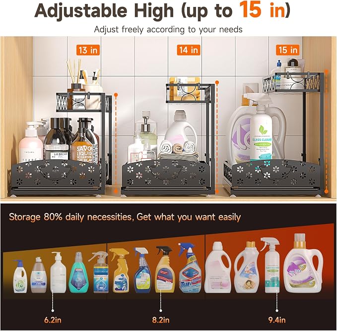 2-Pack 2-Tier Height Adjustable Under Sink Organizer & Storage | Multi-purpose storage for kitchen & bathroom cabinet. Extra Large metal shelf, height adjustable design for space-saving. - Image 3