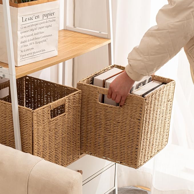 Foldable Storage Baskets with Handles Paper Rope Storage Baskets Rectangle Collapsible Hand Woven Storage Cubes Bins for Organizing Shelves Living Room Bedroom Pantry (4, 13'' x 13'' x 13'') - Image 5