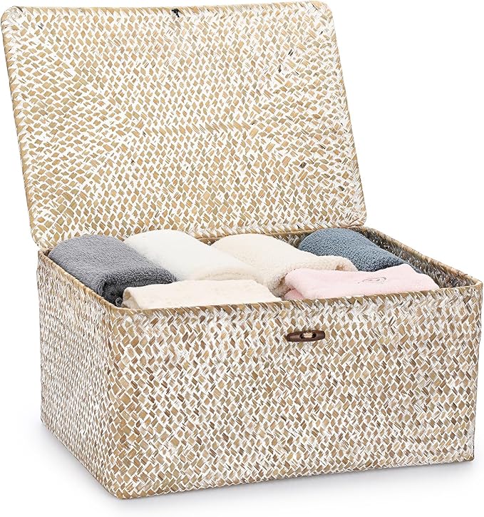 Hipiwe Wicker Woven Baskets Bin with Lid Seagrass Storage Basket, X-Large | Natural Decorative Baskets Rectangular Household Basket for Shelf Wardrobe Home Decor, Whitewash - Image 8