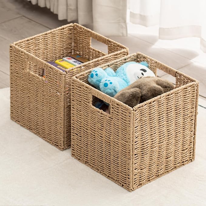 Handwoven Paper Woven Cube Basket Organizer with Handles set of 4 Foldable Storage baskets for Bedroom Living Room Cubby Storage Units for Clothes Books Toys (Natural, 13" L x 13" W x 13" H) - Image 6
