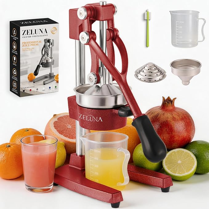 Cast Iron Manual Hand Press Juicer for Citrus & Pomegranate,Deep Red | Stainless Steel Heavy Duty Squeezer,Easy to Clean,Effortless Lever-Press Design,For Home Cooks,Health Enthusiasts,Bartenders by Zeluna