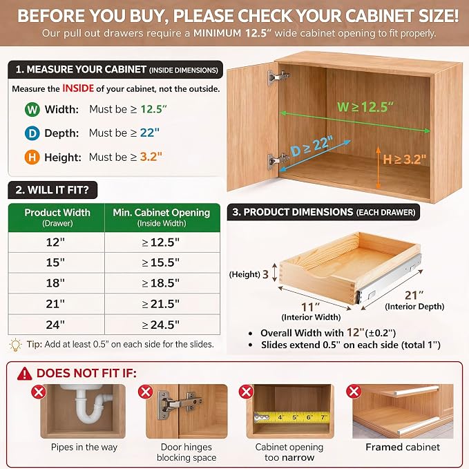 2 Set Wooden Pull out Cabinet Organizer Fully Assembled Slide out Pantry Drawer with Gentle Close Storage Shelf Tray for Base Kitchen Under Sink Bathroom Accessory(Wood Color,12'' X 21'' X 3") - Image 2