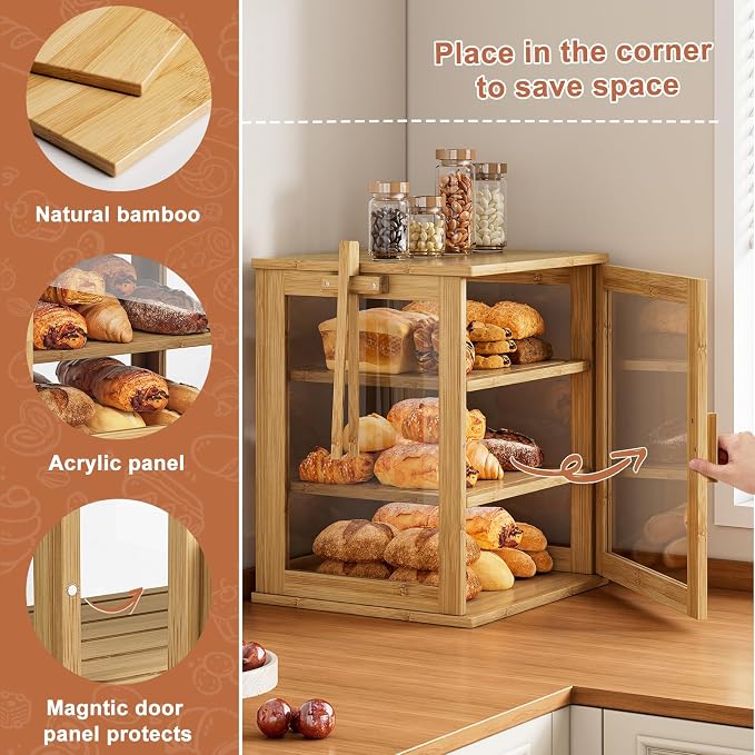 WOWLIVE Bread Box for Kitchen Countertop, 3 Layers Bread Storage Container | Large Bamboo Bread Bin for Homemade Bread with Window, Farmhouse Breadbox Organizer for Cabinet, Natural, Extra Large - Image 4