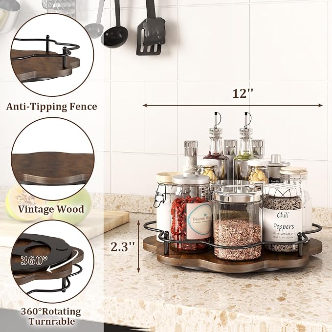 12" Lazy Susan Turntable Organizer,Round Wooden Lazy Susan Organization and Rotating Spice Rack for Dining Table,Pantry,Kitchen Countertop,Vanity,Cupboard and More.Vintage Wood(Petal Shape) - Image 3