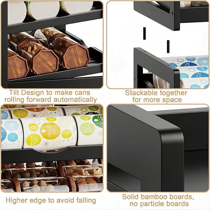 BAMBANG Can Organizer for Pantry, Detachable Bamboo 4 Tier Stackable Can Food Storage Rack, Rolling Soda Can Dispenser Can Holders for Cabinet, Holds Up to 48 Cans, Black - Image 7