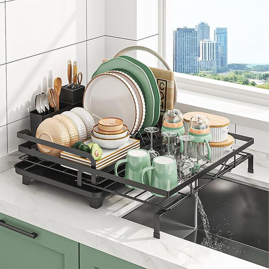 Extendable Dish Drying Rack, Space-Saving Dish Rack for Kitchen Counter, Stainless Steel Dish Strainer with Utensil Holder and Drainboard (Black) by Unknown