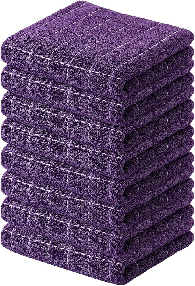 Kitinjoy 100% Cotton Terry Kitchen Towels, 13”x 28”, 8-Pack, Purple | Checkered Designed, Ultra Soft Absorbent Quick Drying Dish Towels by Kitinjoy