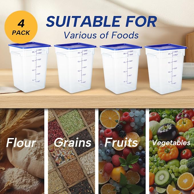 4 Pack 22QT Square Food Storage Containers with Lids | Clear NSF polycarbonate containers with scale, label and measuring cup, stackable for prep, storage, freezer. Dishwasher safe - Image 6