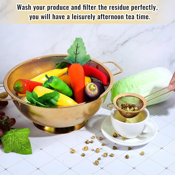 Norme 5 Quart Stainless Steel Gold Colander and 3 Pcs Gold Fine Mesh Strainer, Stainless Steel Pasta Rice Food Metal Strainer with Handles, Easy Clean and Dishwasher Safe - Image 6