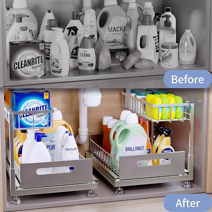 L-Shaped Under Sink Organizer, 2-Tier Pull-out Cabinet Rack 1-Pack | Grey Height-Adjustable Steel Rack, Sliding Grid Drawers with PP Liners, Holds 100 Lbs, Suction Base, Ideal Kitchen Storage - Image 2