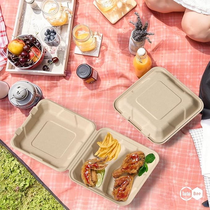 Turbo Bee 100 Pack 8x8inch Natural 3 Compartment Take Out Containers with Lids, Disposable Clamshell Meal Prep Containers, Divided Food Boxes for Food Truck, BBQ, Catering & Lunch - Image 6