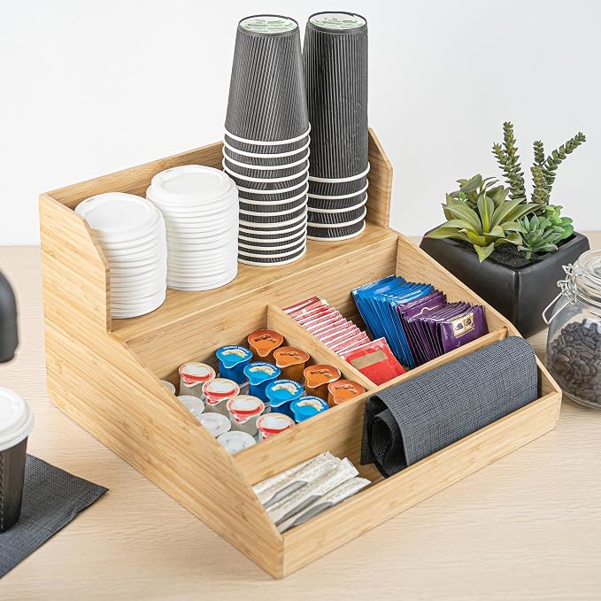 Restaurantware Coffee Cup Organizer 15 x 14.25 x 9.25 Inch Multipurpose Bamboo Condiment Holder Brown Countertop Cup and Lid Organizer for Coffee Shops and Office Break Rooms - Image 8