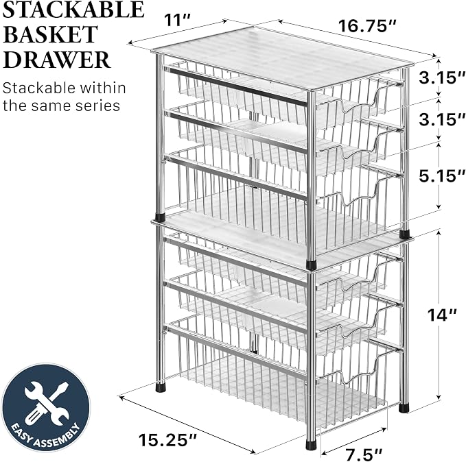 Simple Houseware Stackable 3 Tier Sliding Basket Organizer Drawer, Chrome - Image 2