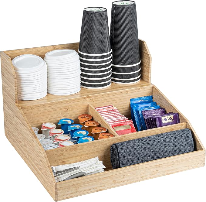 Restaurantware Coffee Cup Organizer 15 x 14.25 x 9.25 Inch Multipurpose Bamboo Condiment Holder Brown Countertop Cup and Lid Organizer for Coffee Shops and Office Break Rooms by Restaurantware