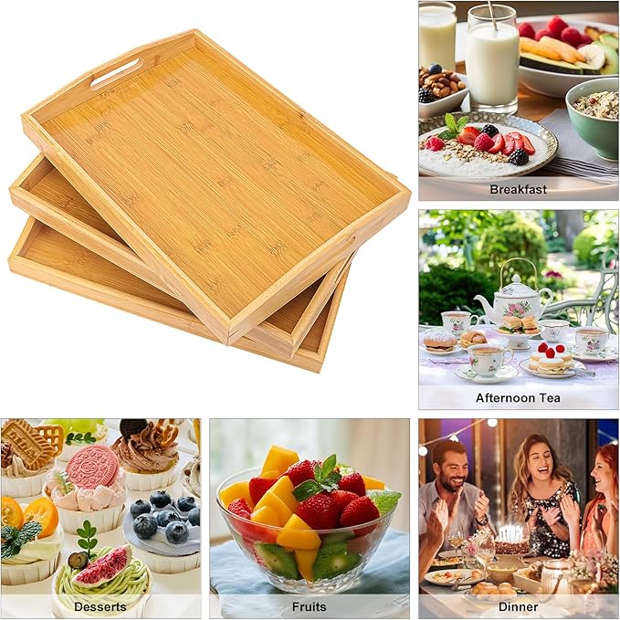 3 Pack Bamboo Serving Tray, 16x 11.6 Inch Wooden Serving Trays with Handles, Bamboo Trays for Serving Food, Perfect for Dinner, Tea, Bar, Breakfast, and Food for Parties, Bed, & Kitchen - Image 4