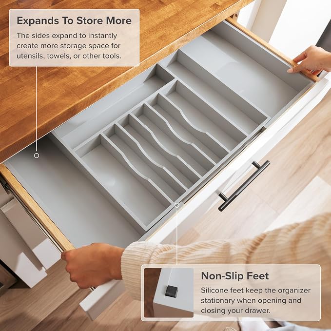 Silverware & Utensil Drawer Organizer, 18-33 in, Gray Bamboo | Cutlery, flatware, food-safe contract grade, kitchen drawer fit - Image 6