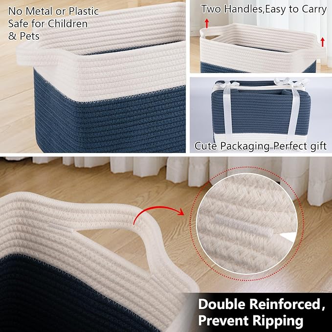 OIAHOMY Storage Baskets - Woven Cotton Rope Baskets for Shelves, Toy Towel Organizer Bins, Pack of 3, Blue & White - Image 4