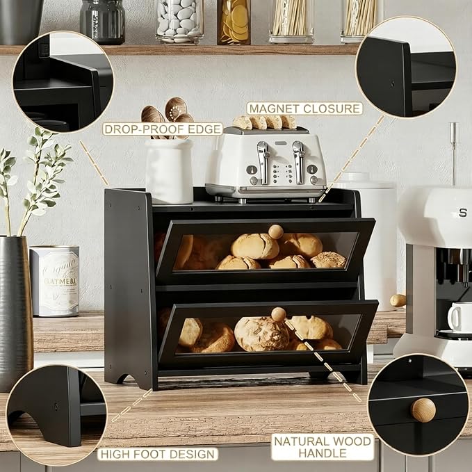 BAMBANG Bread Box for Kitchen Countertop, Extra Large Bamboo Bread Storage Container for Homemade Bread, Double Layer Breadox, Bread Bin Organizer for Counter Cabinet Pantry, Black - Image 4