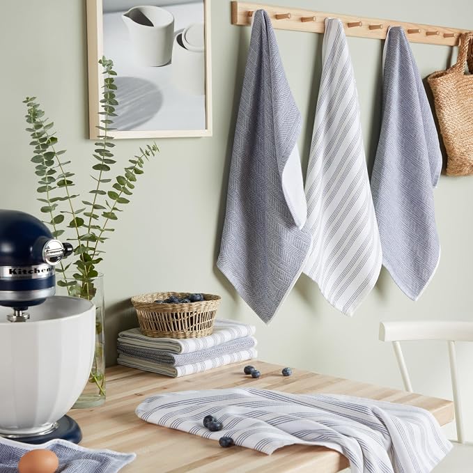 KitchenAid Chambray Stripe Kitchen Towels 8-Pack, Absorbent 100% Woven Cotton, Ink Blue/White, 17”x28” - Image 2
