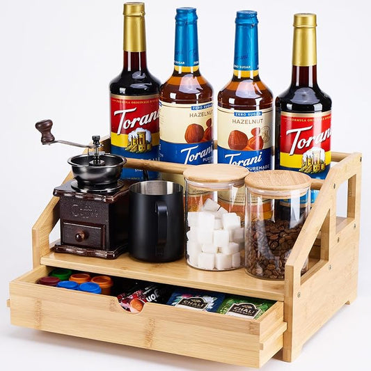 Bamboo Coffee Syrup Rack Organizer 3 Tier Rack with Cup Storage Box, Bottle Holder Stand for Syrups, Dressings, Kitchen Coffee Station, Natural by ESYTEOOT