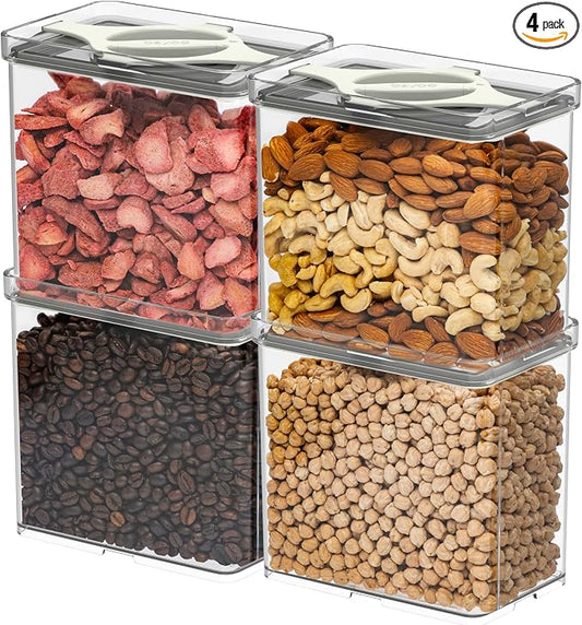 4-Pack Airtight Pantry Containers, 1.9 QT Clear SAN Food Storage Jars with Twist-Lock Lids, Detachable for Easy Cleaning, Stackable for Cereal, Pasta, Rice, Oats & Snacks White by Prestoor