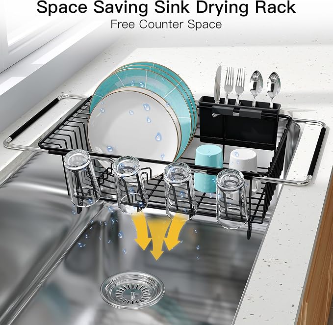 JASIWAY Black Dish Drying Rack in Sink with Mat, Cups and Utensil Holder | Use Over the Sink or Counter, Stainless Steel Expandable Dish Drainer for Small Kitchen, Space Saving, Fast Drain, Rustproof - Image 8