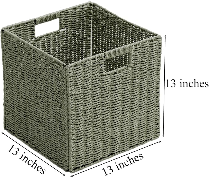 Handwoven Paper Woven Cube Basket Organizer with Handles set of 4 Foldable Storage baskets for Bedroom Living Room Cubby Storage Units for Clothes Books Toys (Green, 13" L x 13" W x 13" H) - Image 2