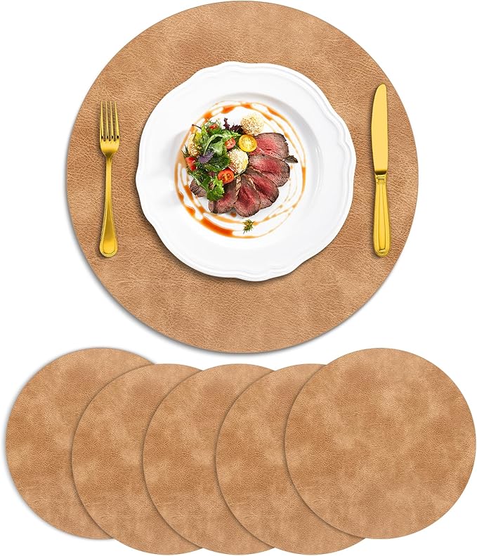 ADRIMER Placemats, Heat Resistant Round Placemats Set of 6 Washable, Waterproof Table Mats, Wipeable Faux Leather Place Mats for Kitchen, Dining Room, Camel by Adrimersdreamistobeanindispensablecompanioninyourlife