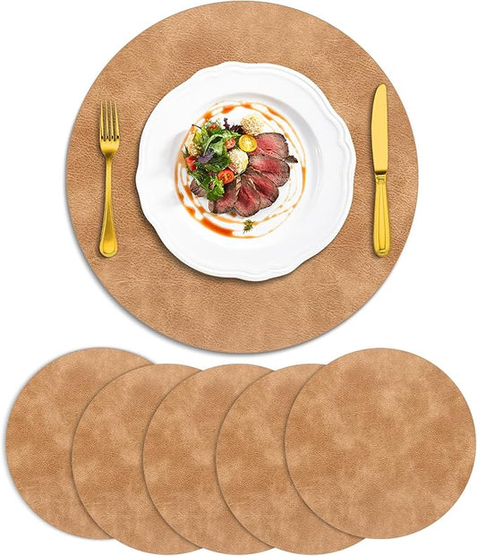 ADRIMER Placemats, Heat Resistant Round Placemats Set of 6 Washable, Waterproof Table Mats, Wipeable Faux Leather Place Mats for Kitchen, Dining Room, Camel by Adrimersdreamistobeanindispensablecompanioninyourlife