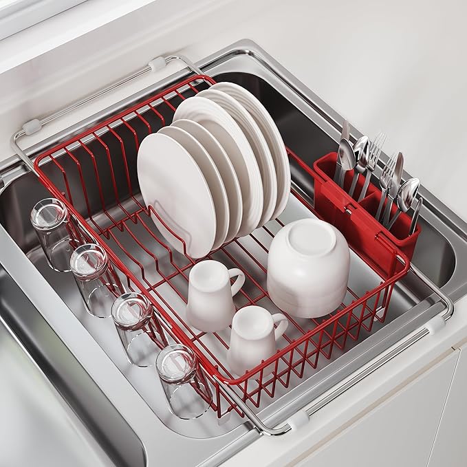 JASIWAY Red Dish Drying Rack in Sink, Dish Drainer with Utensil Holder | Over The Sink Expandable Stainless Steel Strainer Dryer Rack for Small Kitchen, Counter Space Saving, Fast Drain, Rustproof by JASIWAY