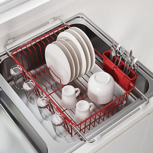 JASIWAY Red Dish Drying Rack in Sink, Dish Drainer with Utensil Holder | Over The Sink Expandable Stainless Steel Strainer Dryer Rack for Small Kitchen, Counter Space Saving, Fast Drain, Rustproof by JASIWAY
