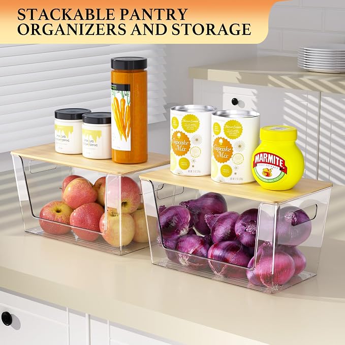 CiWiVOKi 6 Pack Clear Stackable Storage Bins with Bamboo Lids, Trash Bag Holder Dispenser Under Sink Organizer for 4-13 Gal Bags, Plastic Storage Containers for Pantry Bathroom Kitchen Organization - Image 4