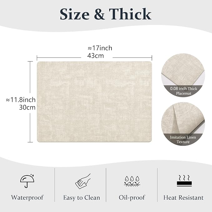 FROMHEART Faux Leather PU Placemats Set of 6 (Beige,11.8" x 17") | Waterproof,Heat/Oil Stain-Resistant Table Mat–Reversible,Non-Slip,Easy to Clean Place Mats for Kitchen,Dining,Indoor/Outdoor - Image 3