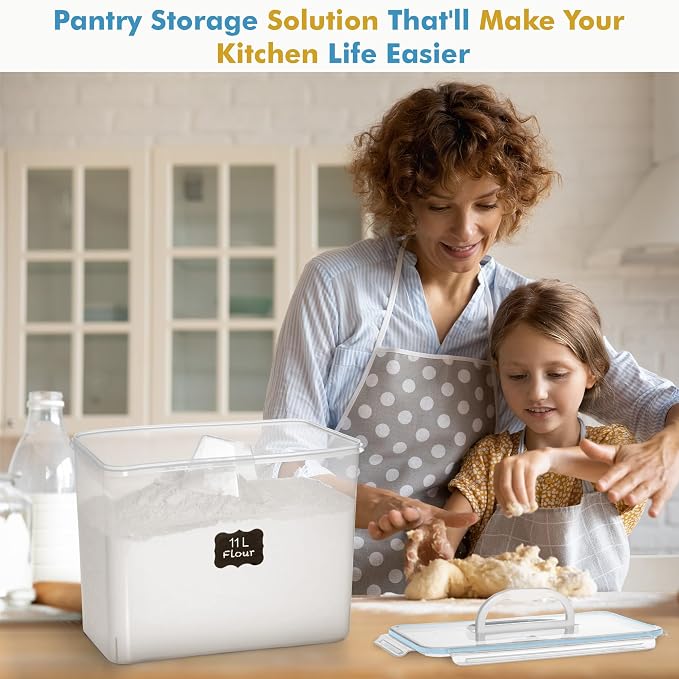 Shazo 2 PC (11L | 372 oz) Flour Sugar Storage Containers with Easy Carry Handle - Plastic Extra Large Food Storage Containers with Lids for Rice Cereal, BPA Free & Airtight Kitchen Pantry Organization - Image 8