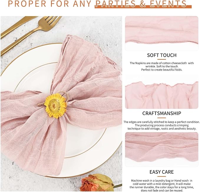 42 Packs Gauze Cheesecloth Napkins 20 x 20 Inch Dusty Pink Wrinkled Dinner Napkins, Pink Rustic Boho Soft Cloth Napkin for Wedding Party Event Dinner Table Decoration - Image 3