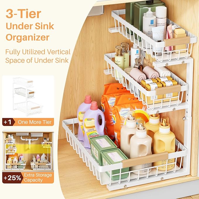 PXRACK Under Sink Organizer, 1-Pack 3-Tier Height Adjustable Thickened Metal Pull out Cabinet Organizer Shelf, Slide out Storage Drawer Rack for Bathroom Kitchen Pantry Home Organization, White - Image 3