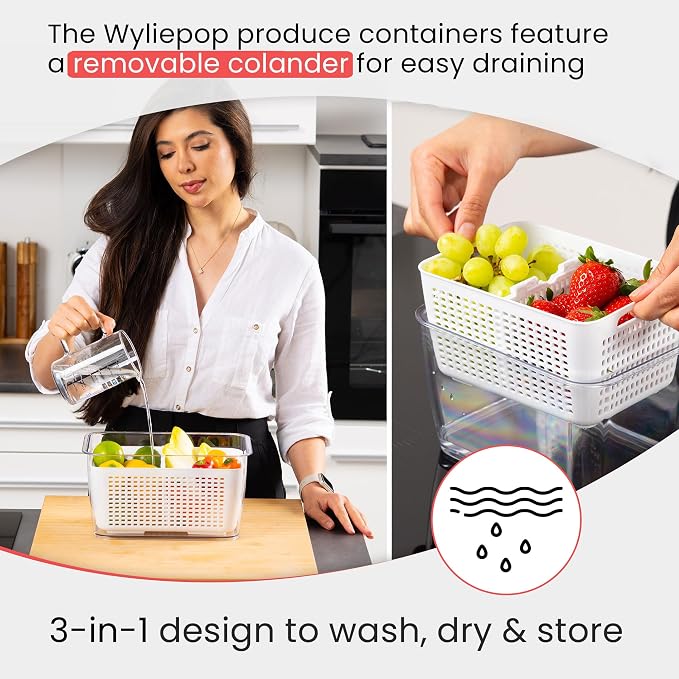 Premium Fruit Storage Containers for Fridge with Veggie Peeler – 3-in-1 Produce Containers for Fridge with Strainer & Removable Colander – Large, Clear Fruit and Vegetable Storage Organizer (Set of 3) - Image 4