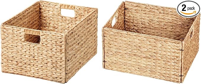Extra Large Water Hyacinth Wicker Storage Baskets, Set of 2 | Rectangular, 16.1"x12.6"x9.5", Iron Wire Frame, Natural by eHemco