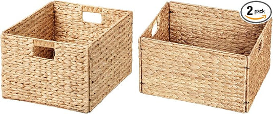 Extra Large Water Hyacinth Wicker Storage Baskets, Set of 2 | Rectangular, 16.1"x12.6"x9.5", Iron Wire Frame, Natural by eHemco