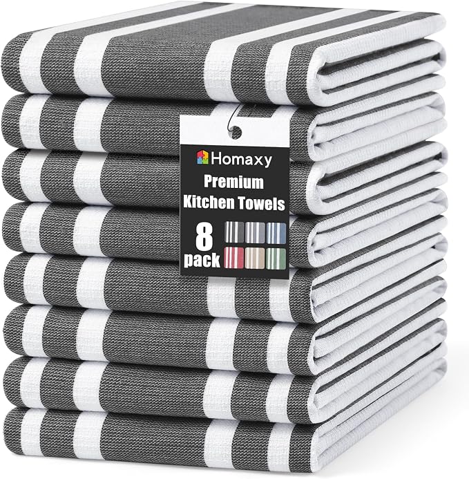 Homaxy Premium Cotton Stripe Kitchen Towels 8 Pack, 18"x 28", Black | Large 380 GSM Kitchen Hand Towels, Soft Terry Dish Towels, Highly Absorbent Tea Towel Set with Hanging Loop by Homaxy