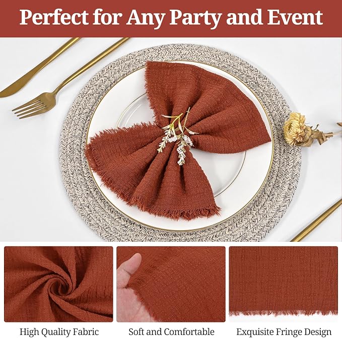 50 Pack Terracotta Cloth Napkins, 16 x 16 Inch Cotton with Fringe Settings | Handmade washable reusable cotton dinner napkins in bulk for weddings, parties, rustic boho table settings - Image 5
