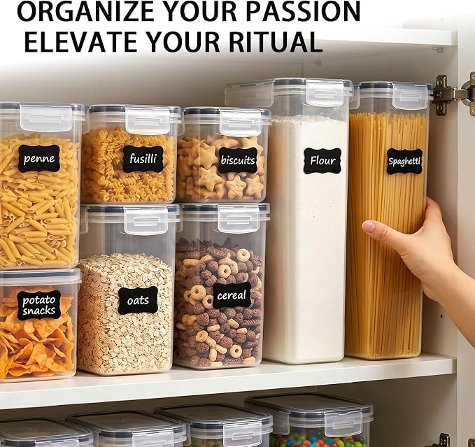 24 PCS Airtight Food Storage Containers with Lids, BPA Free Clear Plastic Kitchen and Pantry Organization and Storage Set for Flour, Sugar, Cereal, Pasta, Includes 24 Labels and Marker - Image 6