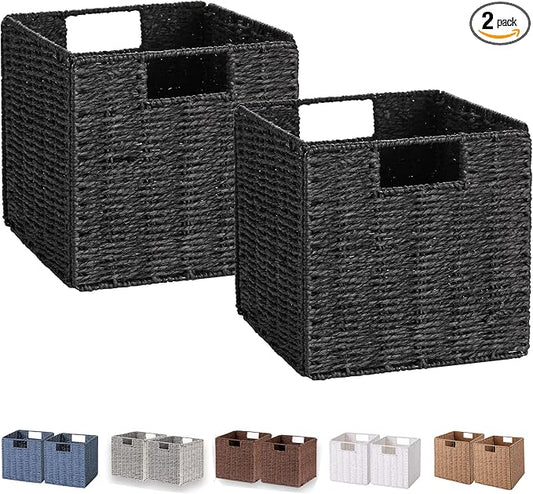 Wicker Basket, Set of 2 Woven Storage Baskets for Shelves, Foldable Cube Storage Basket Bins with Handles, 9 inch Small Storage Baskets for Organizing Pantry Bedroom, Black by Vagusicc