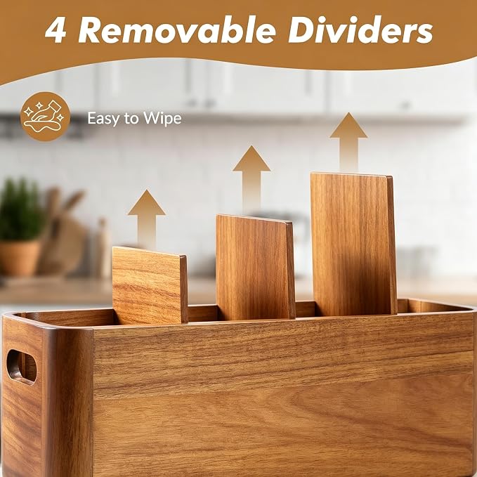 Kitchen Utensil Holder for Counter or Countertop, Extra Large Acacia Wood Organizer with 4 Compartments, Wooden Utensil Holder for Cooking and Silverware, Rustic Wood Container Sturdy Utensil Crock - Image 7