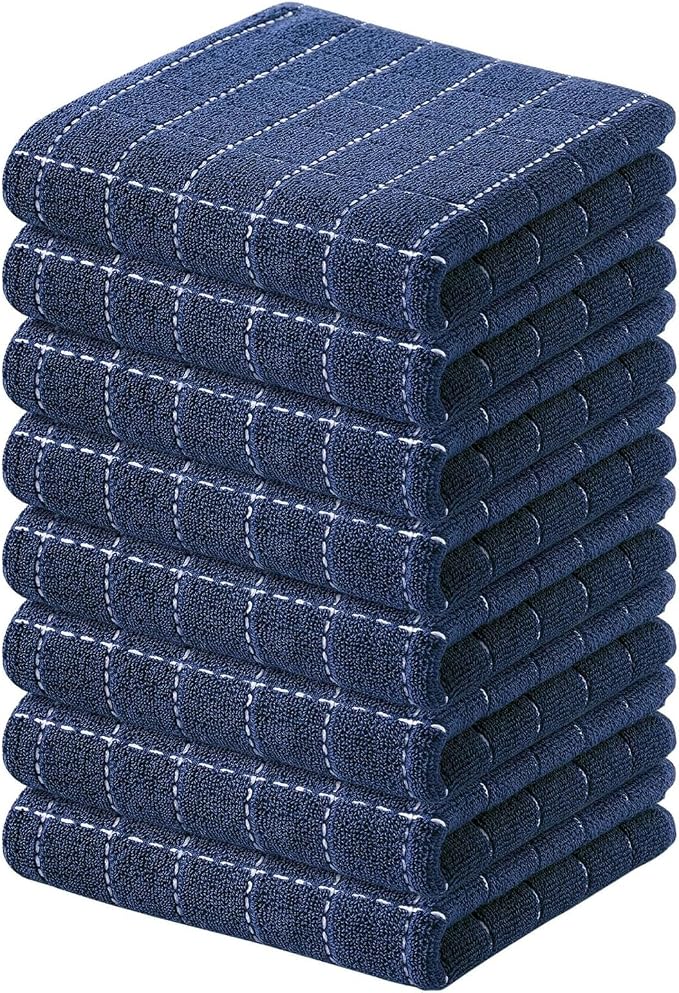 Kitinjoy 100% Cotton Terry Kitchen Towels, 13”x 28”, 8-Pack, Navy Blue | Checkered Designed, Ultra Soft Absorbent Quick Drying Dish Towels by Kitinjoy