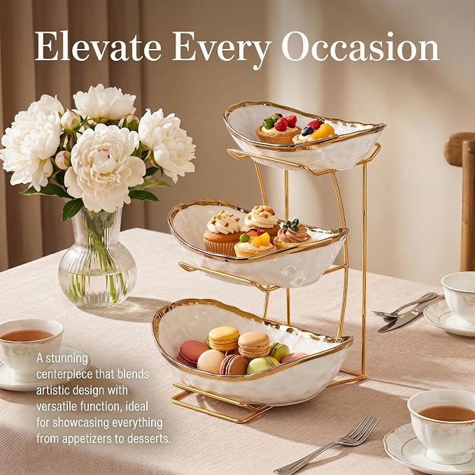 3 Tier White Ceramic Fruit Bowl with Gold Metal Stand, Modern Tiered Fruit Basket Rack for Kitchen Countertop, Large Storage Organizer for Fruit Vegetable Snacks Bread - Image 3
