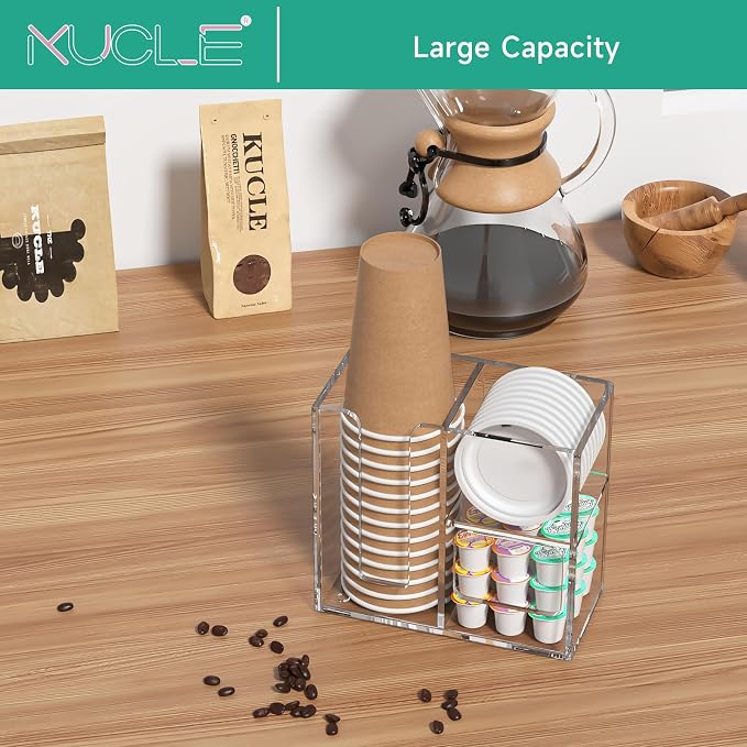 2-Tier Coffee Station Organizer for Countertop, 3 Compartments Clear Acrylic Cup and Lid Holder Tea Condiment Storage Upright Coffee Bar Organizer Pod Dispenser for Office Breakroom Home Kitchen - Image 7