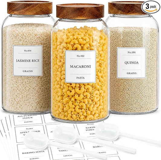 CONNOO 3Pcs-93oz Large Cereal Containers Storage with Acacia Wood Lids | Pantry Organization, Store Flour, Sugar, Rice, Pasta, Cereal & Dry Foods, Includes 120 Waterproof Labels by CONNOO