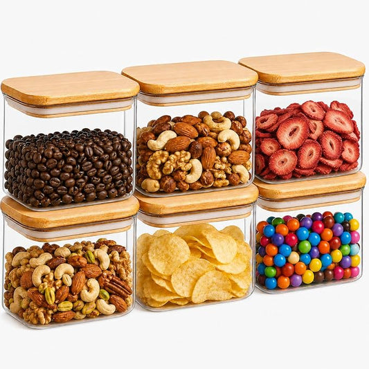 ComSaf Small Glass Containers With Lids 0.7 Qt, Set of 6 Glass Storage Jars | Rectangle Glass Pantry Storage Container, Kitchen Canisters 25oz, Snack Station Organization, Size For Subpackage, BPA Free by ComSaf